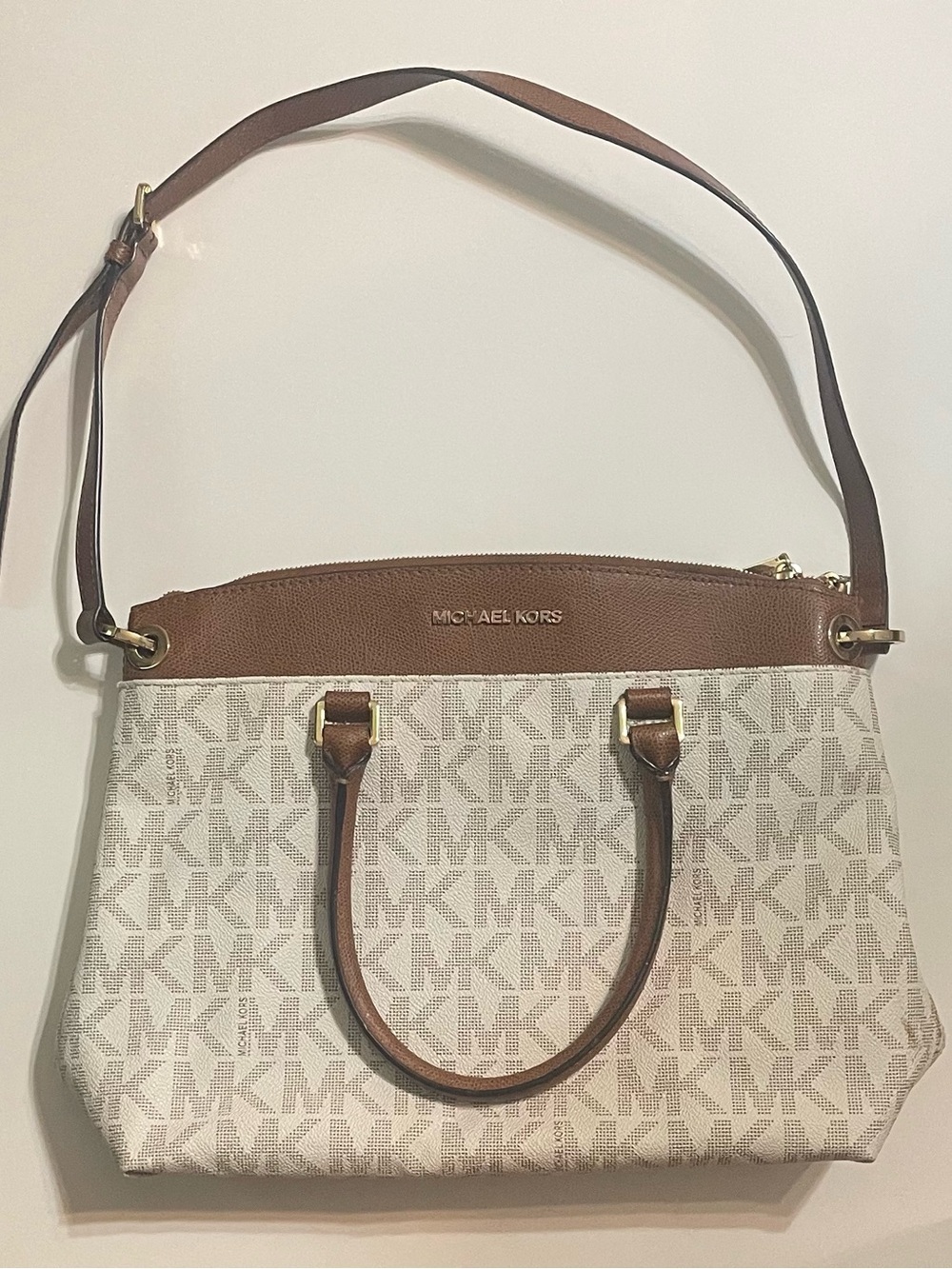 Michael Kors Large Aubrey Satchel Shoulder Bag Vanilla/Acorn MK Logo
